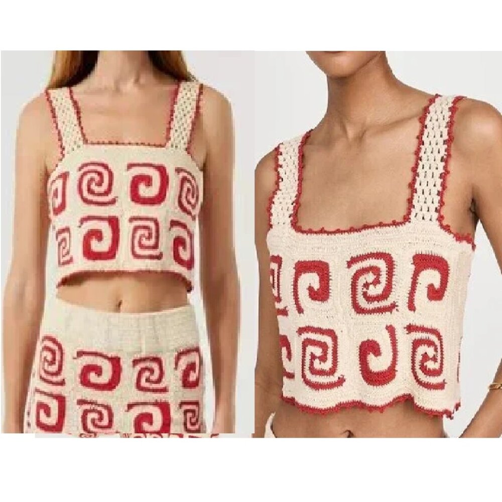 NEW $250 RHODE SLOANE HAND CROCHET CROP TOP IN RED & CREAM SIZE S